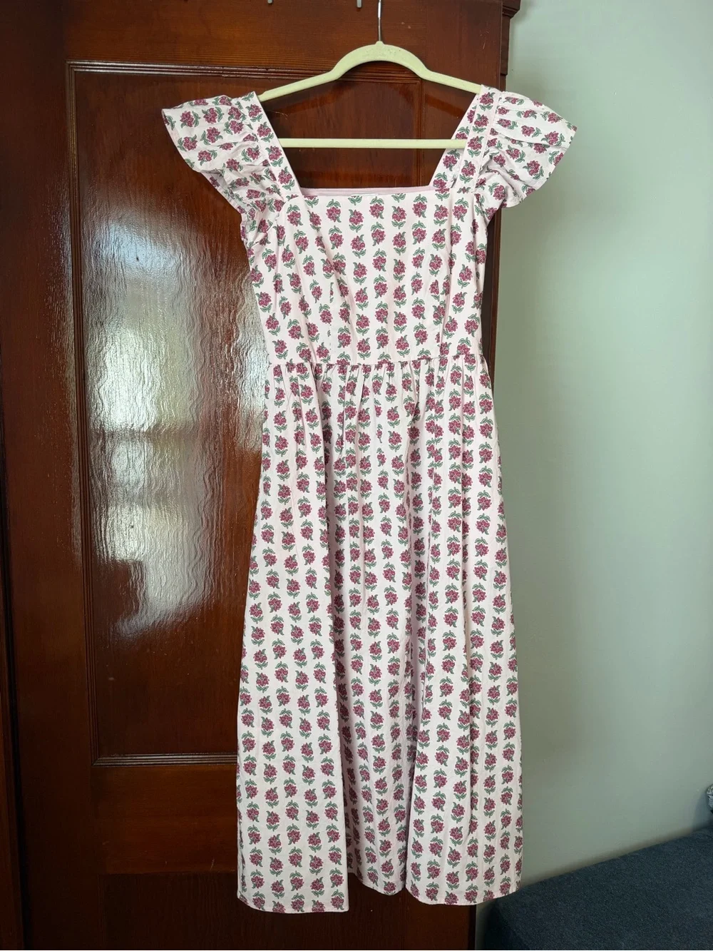 J.Crew Pink Floral Square Neck Ruffle Sleeve Midi Dress